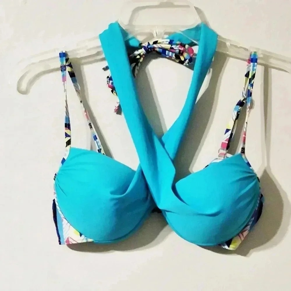 Turquoise Multi-Way Halter Underwire Bikini Top Geometric Print Blue